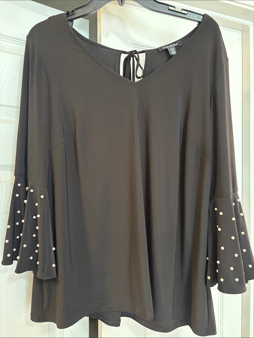 Roz & Ali Black Bell Sleeve Tunic with Gold Loop Accents. 1x